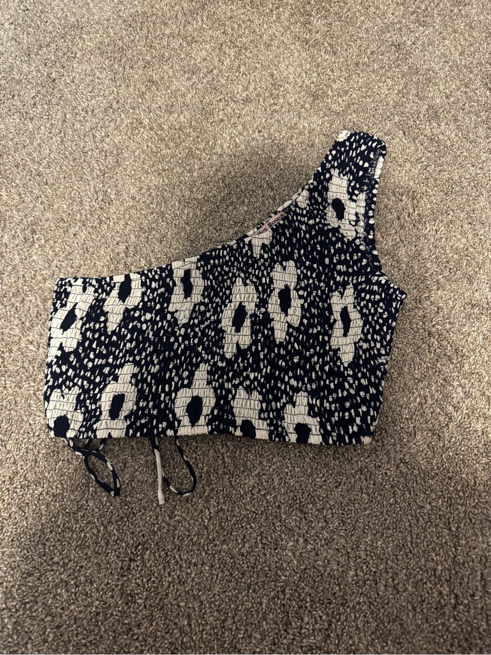 One-Shoulder Navy and White Smocked Crop Top